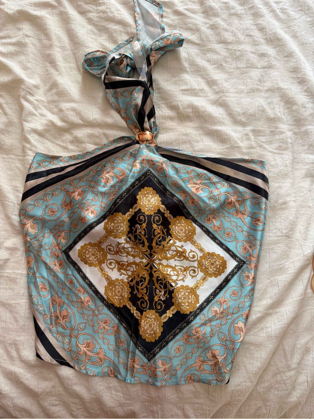 Blue and Gold Baroque Silk-Style Scarf Top